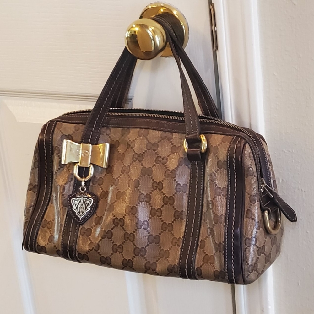 Gucci GG Coated Canvas Satchel Bag Authentic